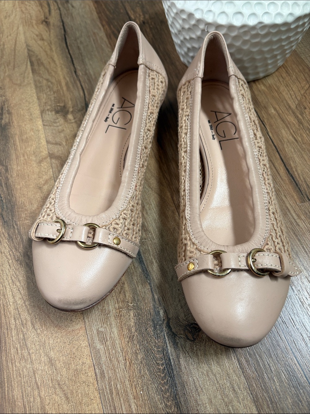 AGL Blush Braided Leather Ballet Flats with Gold Buckle